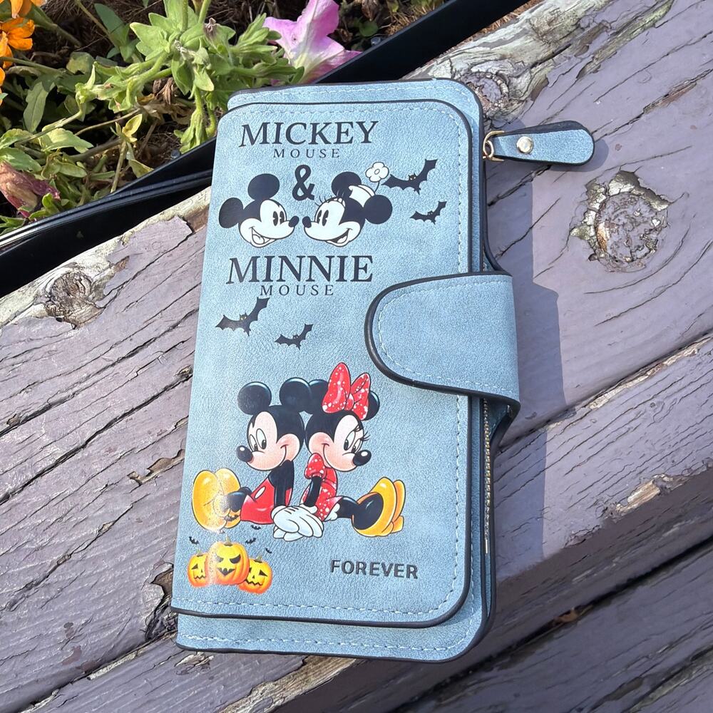 NWOT Disney Mickey Minnie Halloween Wallet Bats Pumpkins Zip Around Gray Forever